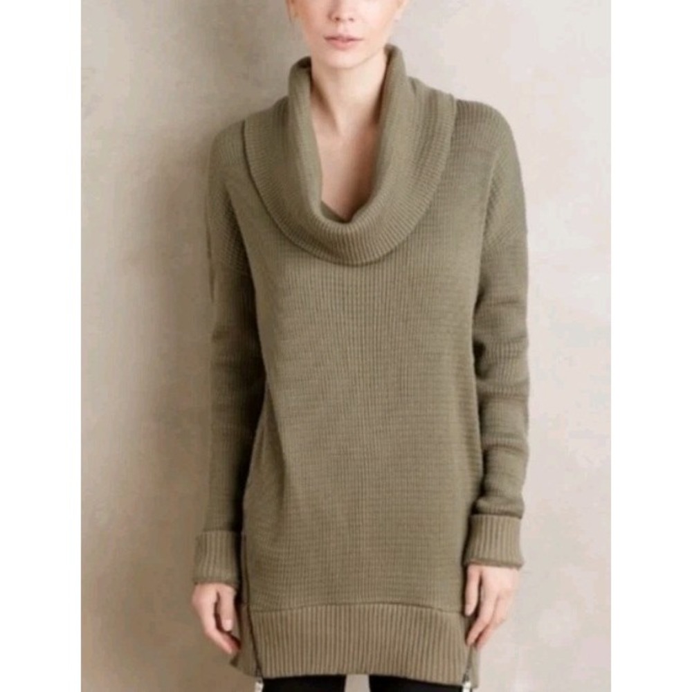 Anthropologie Pure + Good Sweater X-Small Olive‎ Green Side Zips Cowl Neck